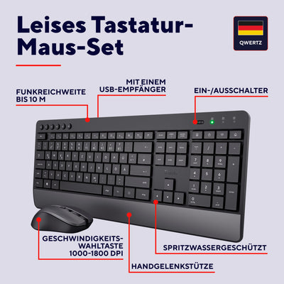 Trust Tastatur Maus Set Kabellos, Deutsches QWERTZ-Layout, Nachhaltiges Design, Kabellose Tastatur mit Funkmaus, Leise und Ergonomische Combo, 48 Monaten Batterielaufzeit, 2.4 GHz, PC, Laptop, Schwarz