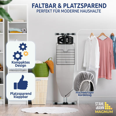 STAHLMANN ® Bügelbrett aus Aluminium [120x42 Bügelfläche] inkl. Ärmelbügelbrett – Bügeltisch – extra stabiles Bügelbrett [Made IN EU] – Bügelbrettbezug [100% Baumwolle]