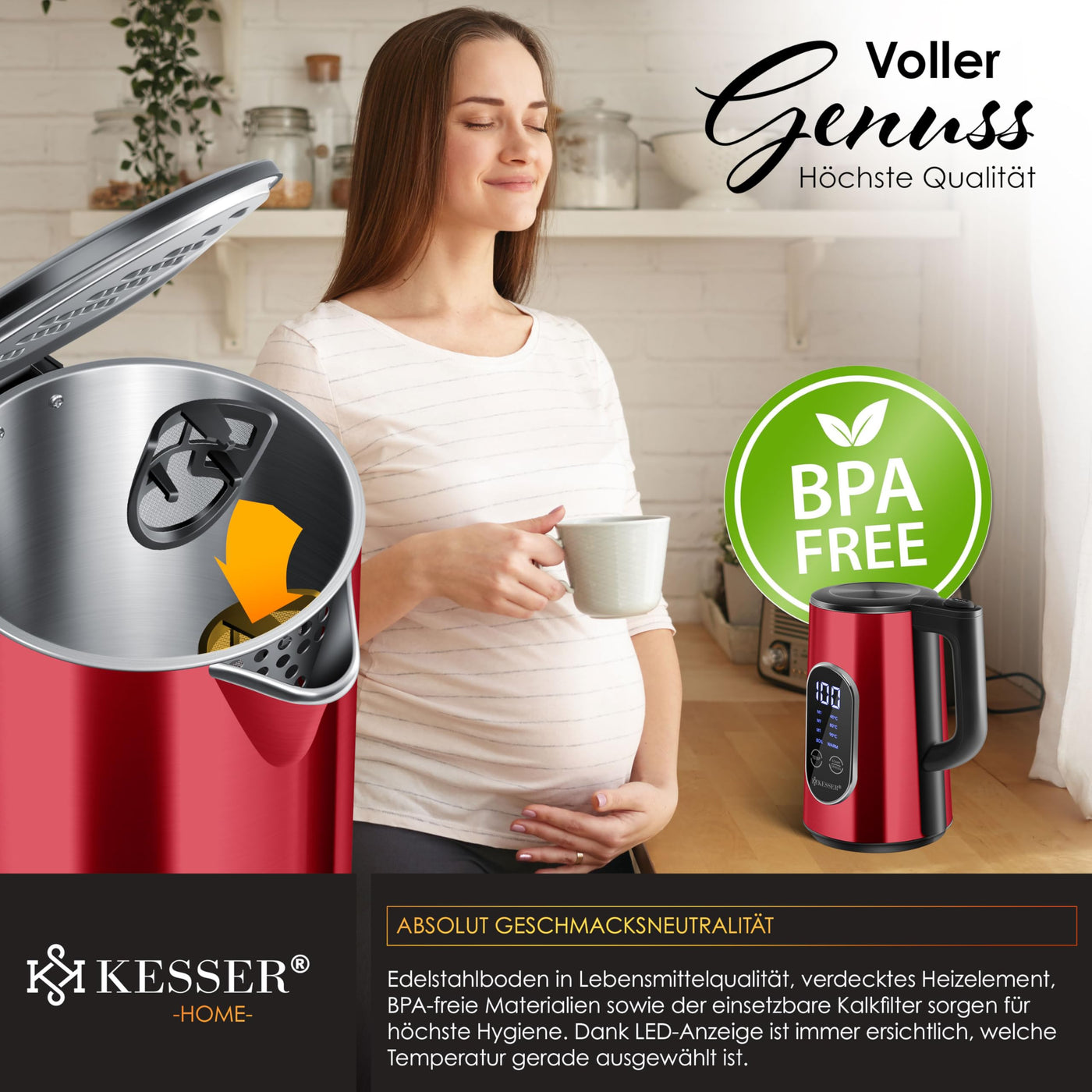 KESSER® Wasserkocher Edelstahl 1.5 Liter | LED-Anzeige | 4-Modi Temperatureinstellung 40°C-100°C | 30min Warmhalten | elektrischer Teekocher 2200W BPA-Frei | Kalkfilter & Easy-Open-Deckel, Bordeaux