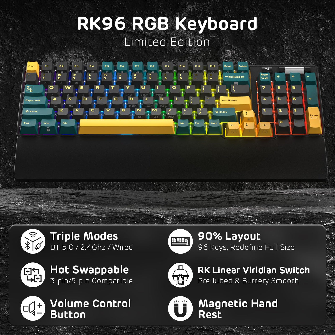 RK ROYAL KLUDGE RK96 RGB Limited Ed, 90% 96 Tasten Kabellose Tri-Modus BT5.0/2.4G/USB-C Hot-Swap-fähige Mechanische Tastatur mit Handballenauflage, Software-Unterstützung, Lineare Schalter, QWERTY