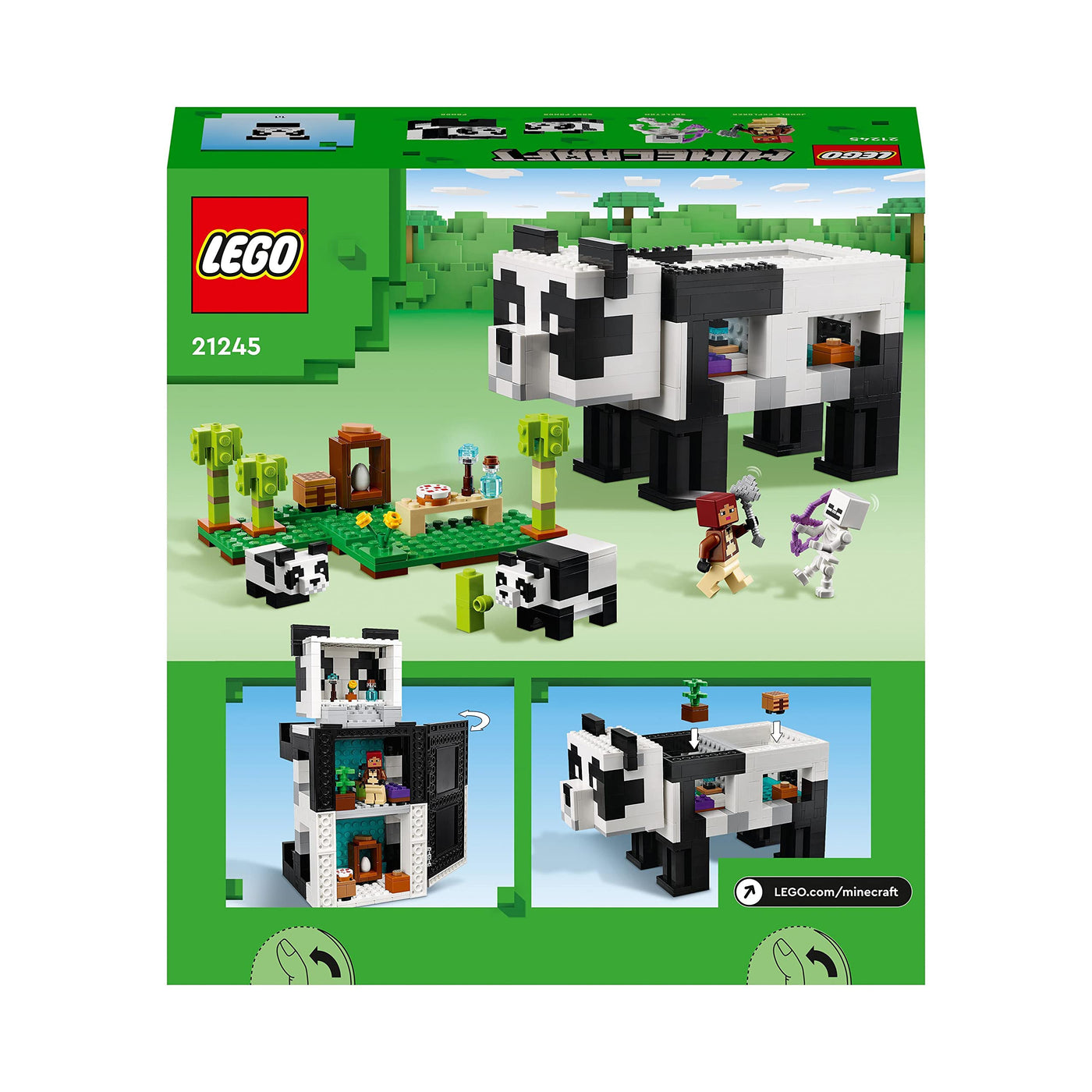 LEGO 21245 Minecraft Das Pandahaus Set, bewegliches Panda-Spielzeug-Haus mit Tier-Figuren und Skelett, Spielzeug für Jungen und Mädchen ab 8 Jahren
