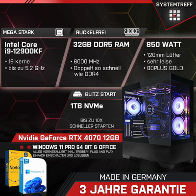 SYSTEMTREFF Gaming Komplett PC Set Intel Core i9-12900KF 16x5.2GHz | Nvidia GeForce RTX 4070 12GB DX12 | 1TB M.2 NVMe | 32GB DDR5 RAM | WLAN Desktop Paket Computer für Gamer, Gaming