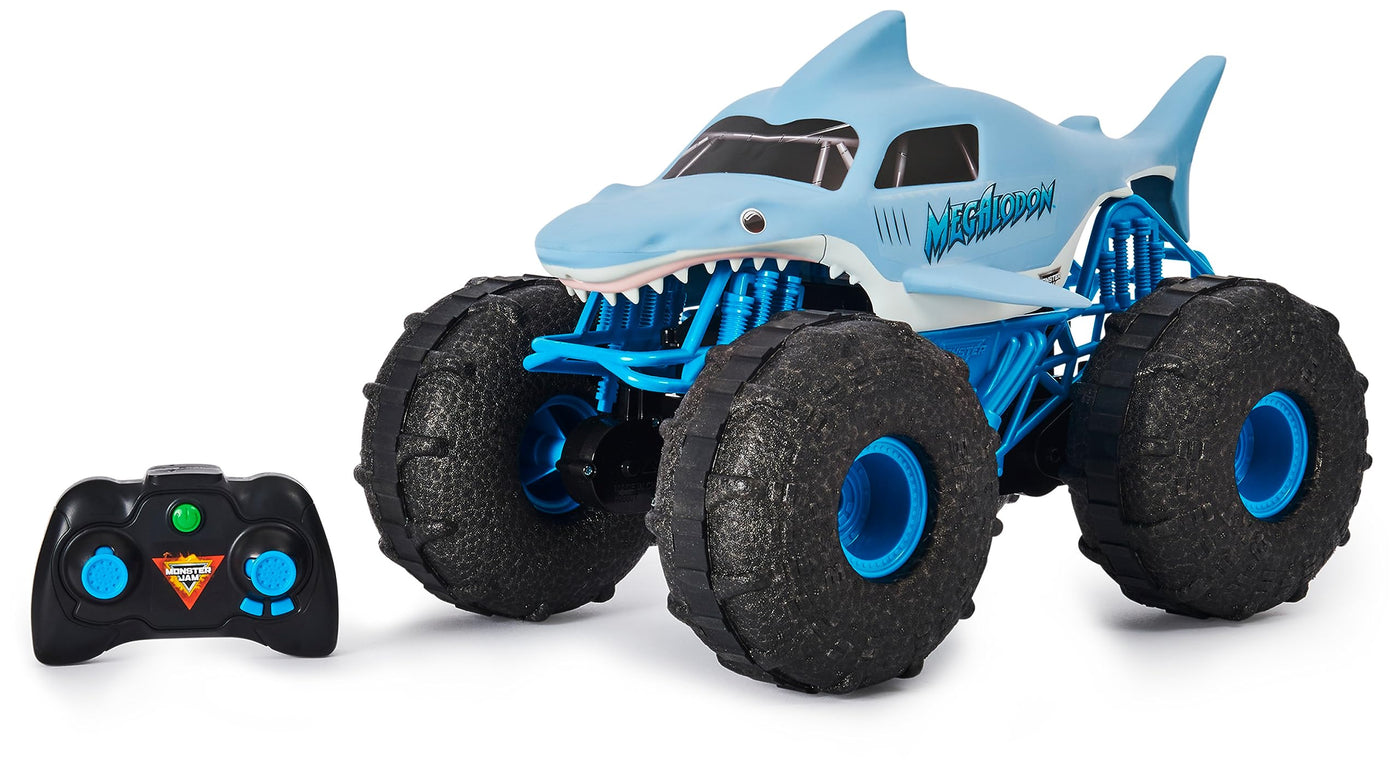 Monster Jam Megalodon Storm, RC Truck, Amphibienfahrzeug in Hai-Optik für Land und Wasser, Maßstab 1:15 - kinderleichte Bedienung, ab 4 Jahren