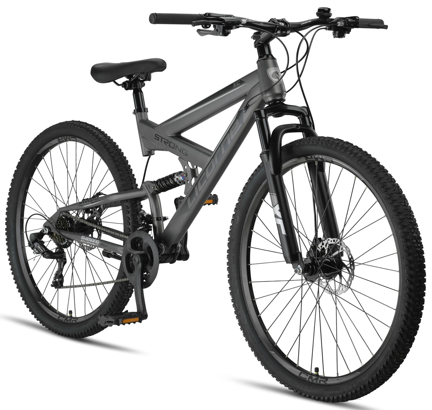 Licorne Bike Strong 2D Premium Mountainbike in 26, 27.5 und 29 Zoll Fahrrad für Jungen Mädchen Damen und Herren Scheibenbremse vorne und hinten 21 Gang Schaltung Vollfederung (29 Zoll, Anthrazit)