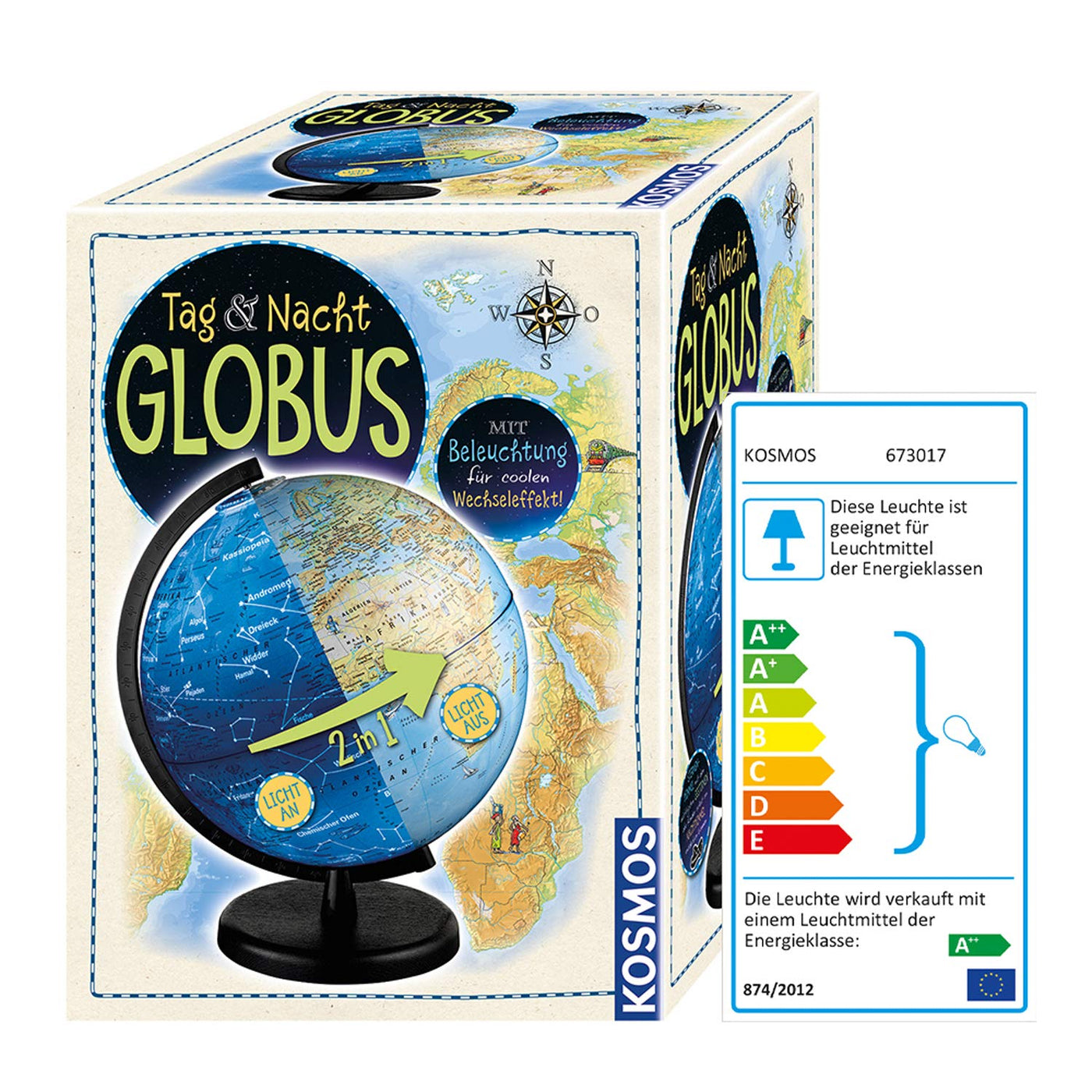 Kosmos 673017 Tag & Nacht Globus 26cm mit Beleuchtung, Globus für Kinder ab 7 Jahren, Weltkugel zum Entdecken, Leuchtglobus