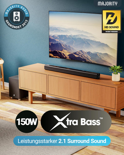 Majority K2 Soundbar, leistungsstark, kabellos, 150 W, mit Surround-Sound, Subwoofer, Bluetooth, HDMI Arc (CEC), große Fernbedienung, AUX, USB, UKW-Radio, optischer Eingang, Cinch-Kabel (schwarz)