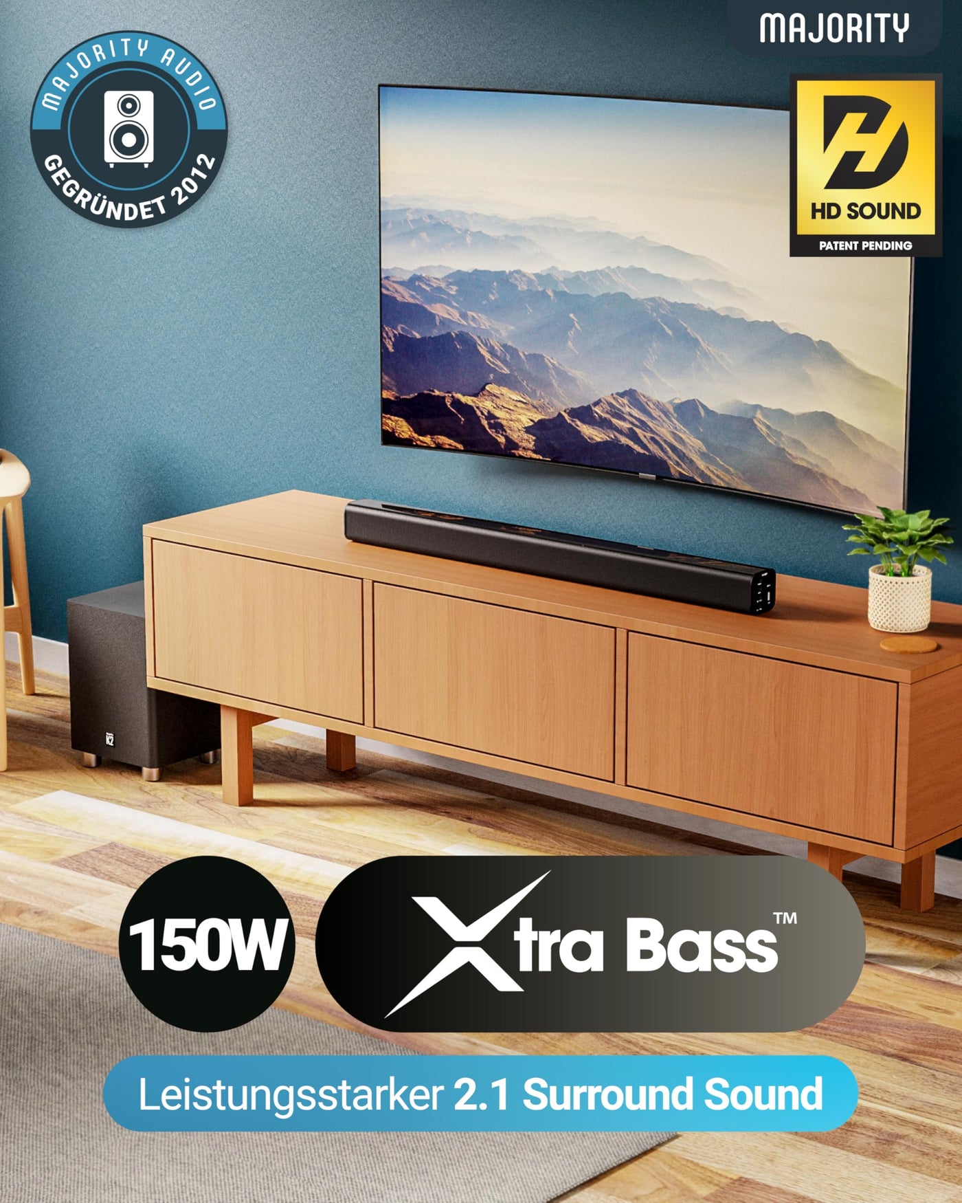 MAJORITY K2 Soundbar für TV Geräte mit Subwoofer | TV Lautsprecher für Fernseher | 150W 2.1 Soundsystem mit Kabelloser Subwoofer | Bluetooth TV Soundbar | Heimkino Sound Bar HDMI ARC (Weiß)