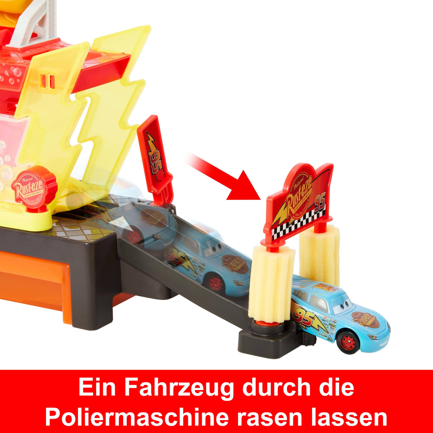 Mattel Disney Pixar Cars Autowaschanlagen-Spielset für Rennwagen mit Lightning McQueen-Spielzeugauto mit Farbwechseleffekt, ca. 50 cm lang, mit anderen Sets kombinierbar, JBM70