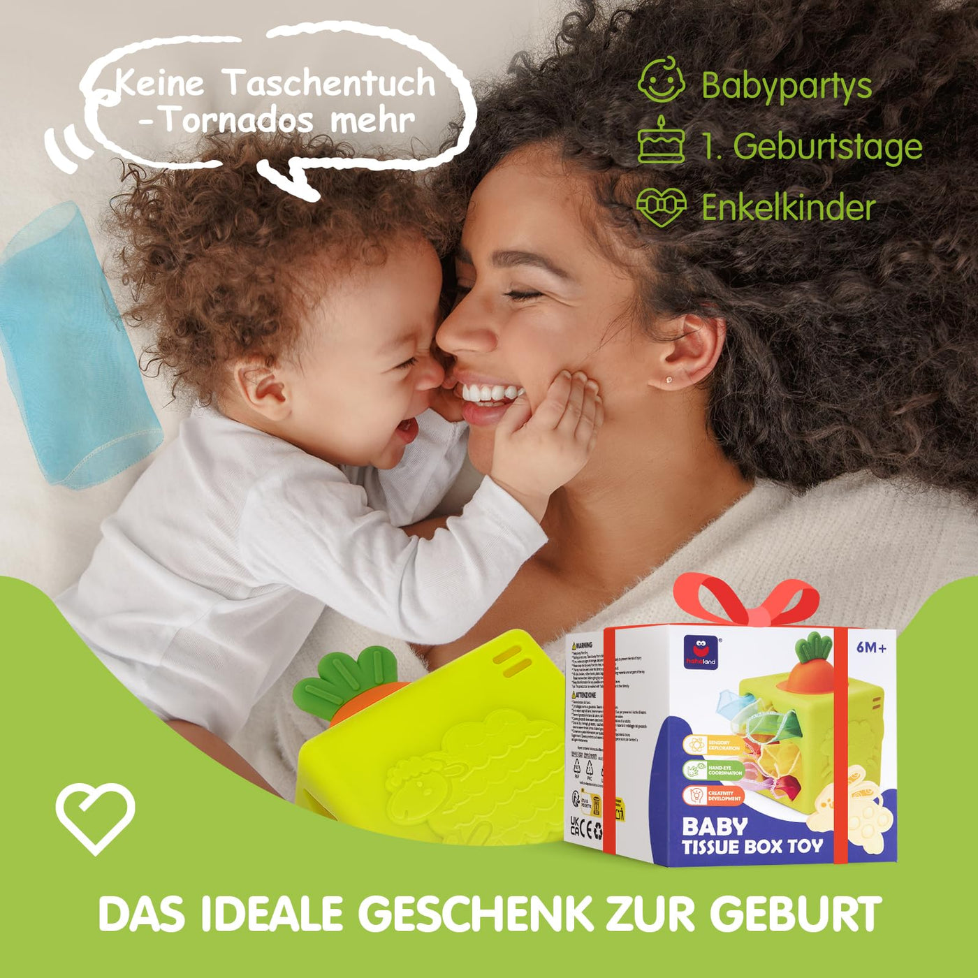 hahaland Baby Spielzeug 6 Monate - Silikon Tücher Box, Montessori Tücherbox Baby Sensorik Spielzeug, 6-in-1 Busy Würfel mit Tüchern, Spiegel, Beißring,Geschenk für Babyspielzeug ab 6 9 12 Monate