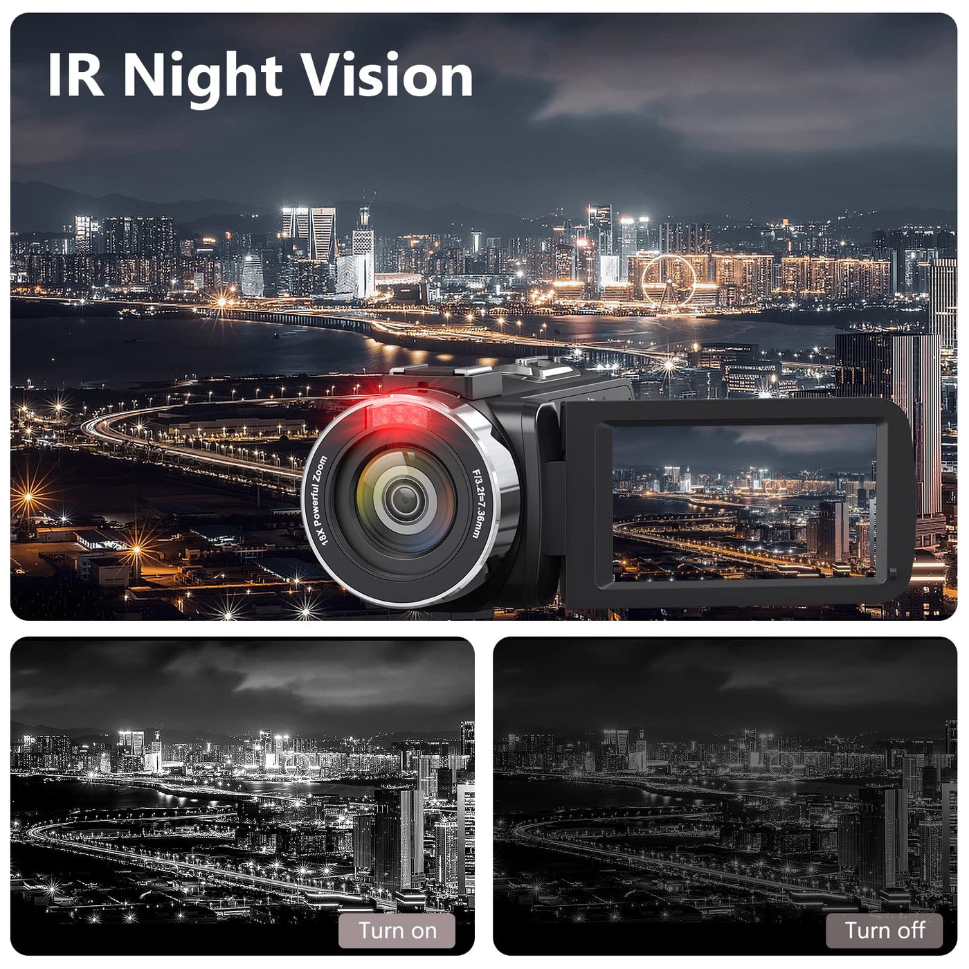 Videokamera 4K Camcorder HD 80MP IR-Nachtsicht Vlogging Kamera für YouTube, Webcam Camera mit 18-Facher Digitalzoom, 3.0’’ 270° Drehung IPS Bildschirm 30FPS Videokamera mit 32GB SD-Karte und Batterien