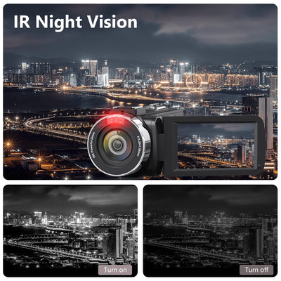 Videokamera 4K Camcorder HD 80MP IR-Nachtsicht Vlogging Kamera für YouTube, Webcam Camera mit 18-Facher Digitalzoom, 3.0’’ 270° Drehung IPS Bildschirm 30FPS Videokamera mit 32GB SD-Karte und Batterien