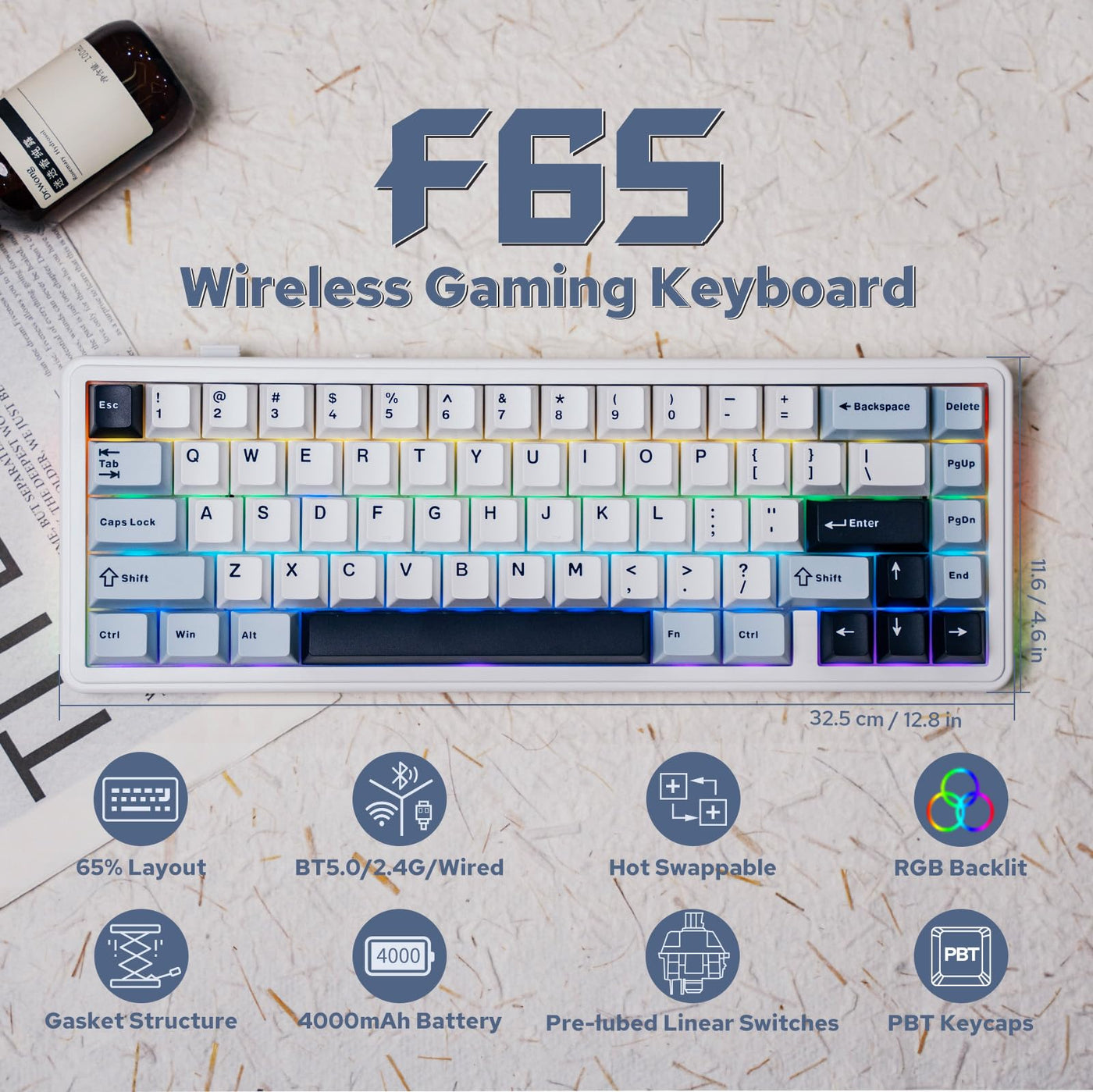 EPOMAKER x Aula F65 Mechanische Tastatur Kabellose, Custom Gaming Tastatur Gasket mit Hot-Swap-fähige, RGB, Bluetooth/2,4 GHz/Kabel, geschmierte lineare Schalter (Eisiges Blau, Reaper Switch)