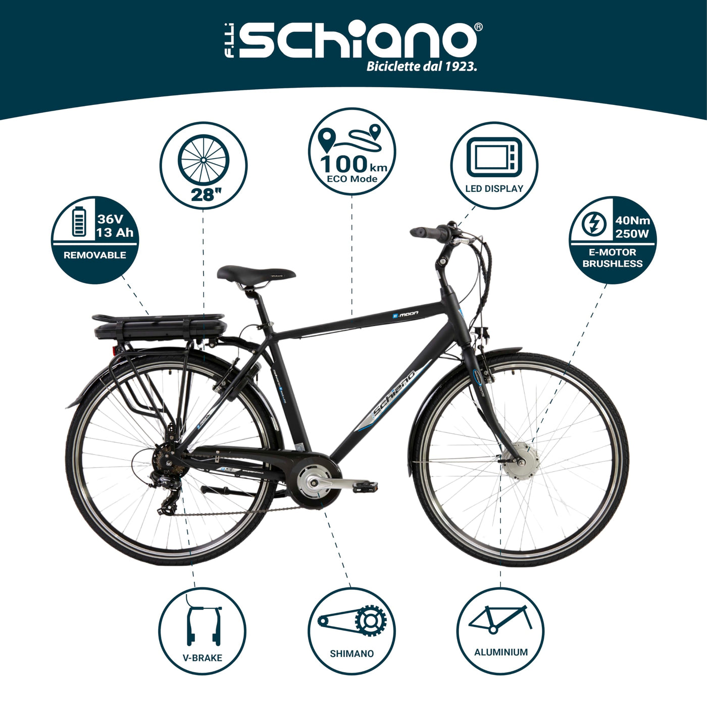 F.lli Schiano E-Moon, E Bike für die Stadt 28 Zoll, 36V 13Ah Abnehmbarer Akku, Motor 250W 40Nm, City Ebike für Herren, Schwarz