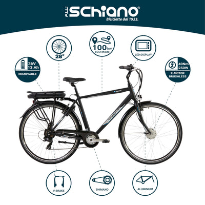 F.lli Schiano E-Moon, E Bike für die Stadt 28 Zoll, 36V 13Ah Abnehmbarer Akku, Motor 250W 40Nm, City Ebike für Herren, Schwarz
