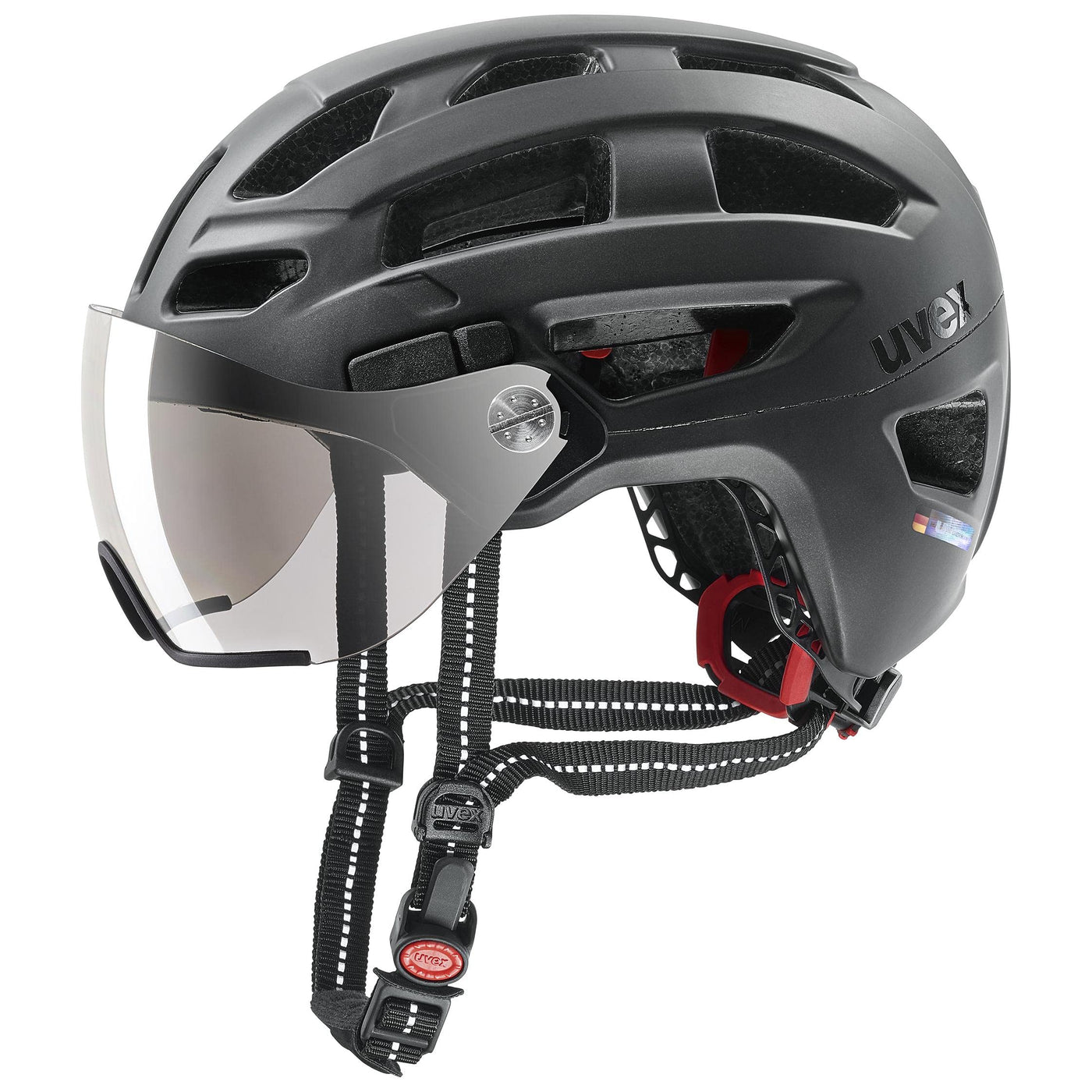 uvex finale visor - sicherer City-Helm für Damen und Herren - mit Visier - inkl. LED-Licht - black matt - 56-61 cm