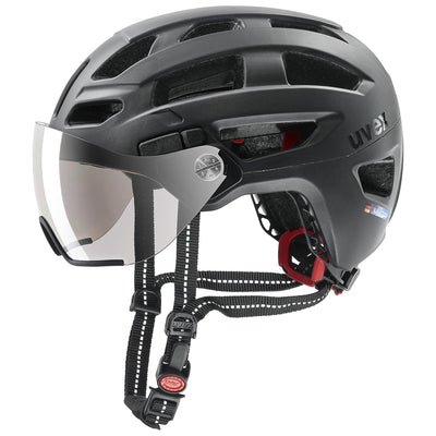 uvex finale visor - sicherer City-Helm für Damen und Herren - mit Visier - inkl. LED-Licht - black matt - 56-61 cm