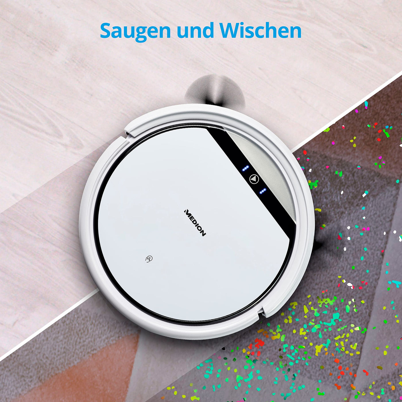 MEDION Saugroboter mit Wischfunktion E32 SW (2in1 Roboterstaubsauger für Böden Fliesen, Tierhaare Allergiker optimiert, Fernbedienung, Ladestation)