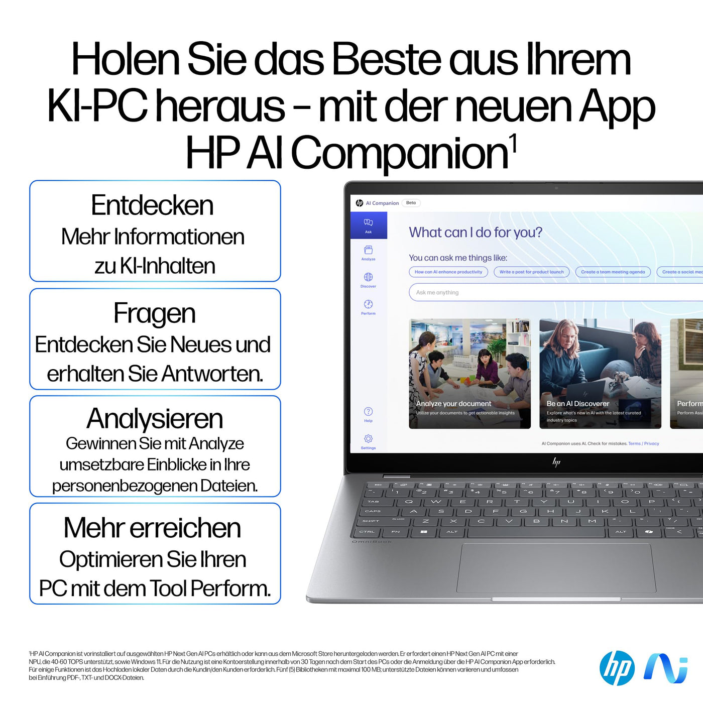 HP OmniBook X Next Gen AI Laptop | Qualcomm Snapdragon X Elite X1E-78-100 (12C) mit dedizierte NPU für KI | 45 NPU TOPS | Copilot+ PC | 14" 2,2K Touchscreen | 16 GB RAM | 1TB SSD | Win11 | Silber
