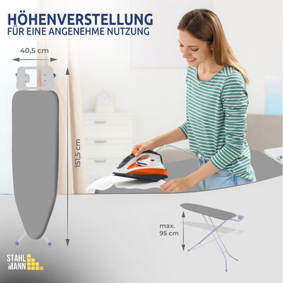 STAHLMANN ® Bügelbrett [114x34 Bügelfäche ] mit rutschfesten Füßen – robuster Bügeltisch – extra stabiles Bügelbrett [Made IN EU] – Tischbügelbrett