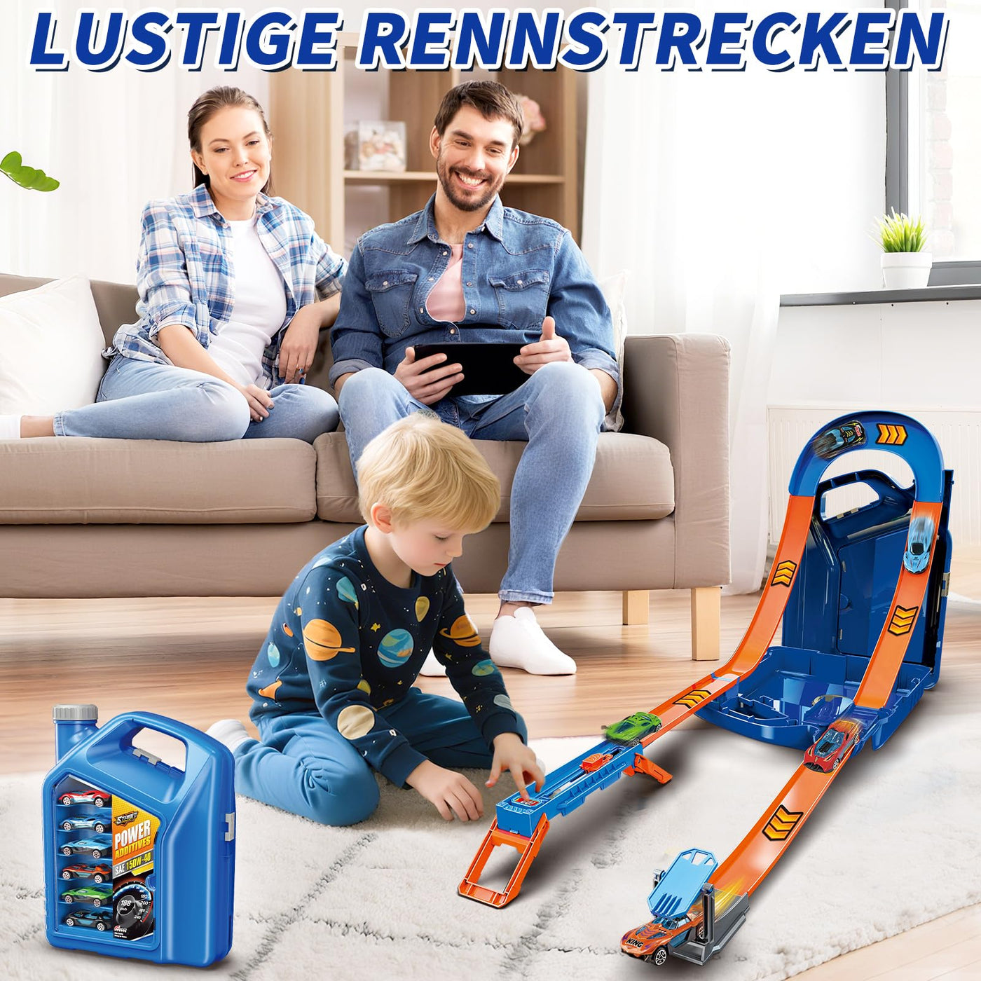 Charmofun Autorennbahn für Kinder, Rennstrecke Auto Spielzeug mit 6 Autos, Aufbewahrungsbox, Auto Rennbahn Mit Looping und U Track, Portable Spielzeug autorennbahn für Kinder ab 3 Jahre (Blau)