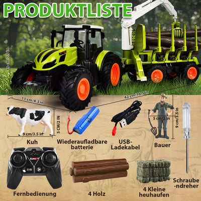 BuzzoXerex Ferngesteuerter Traktor Ferngesteuert, 1:16 RC Traktor mit Anhänger und Licht, 2.4 GHz Traktor Spielzeug mit Baumstämme, Kuh und Heuballen, Geschenk für Kinder ab 3 4 5 6 Jahre