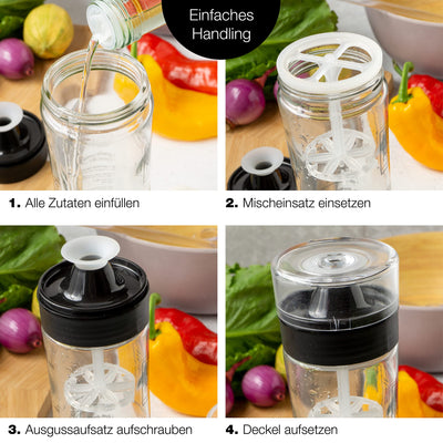 Moritz & Moritz 2-tlg. Set: Dressingshaker 500 ml - Salatdressing Shaker Glas mit Skala und 3 Rezepten in Deutsch und Englisch
