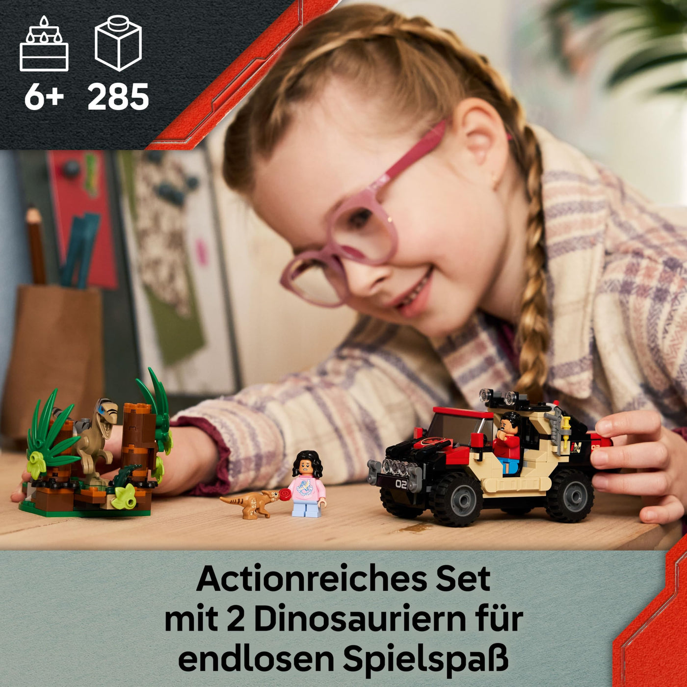 LEGO Jurassic World Raptor: Verfolgungsjagd mit dem Geländewagen – 2 Dinosaurier Figuren, Auto, 2 Minifiguren – Geschenk für Jungen und Mädchen ab 6 Jahren, Fans des Films „Die Wiedergeburt“ – 76972
