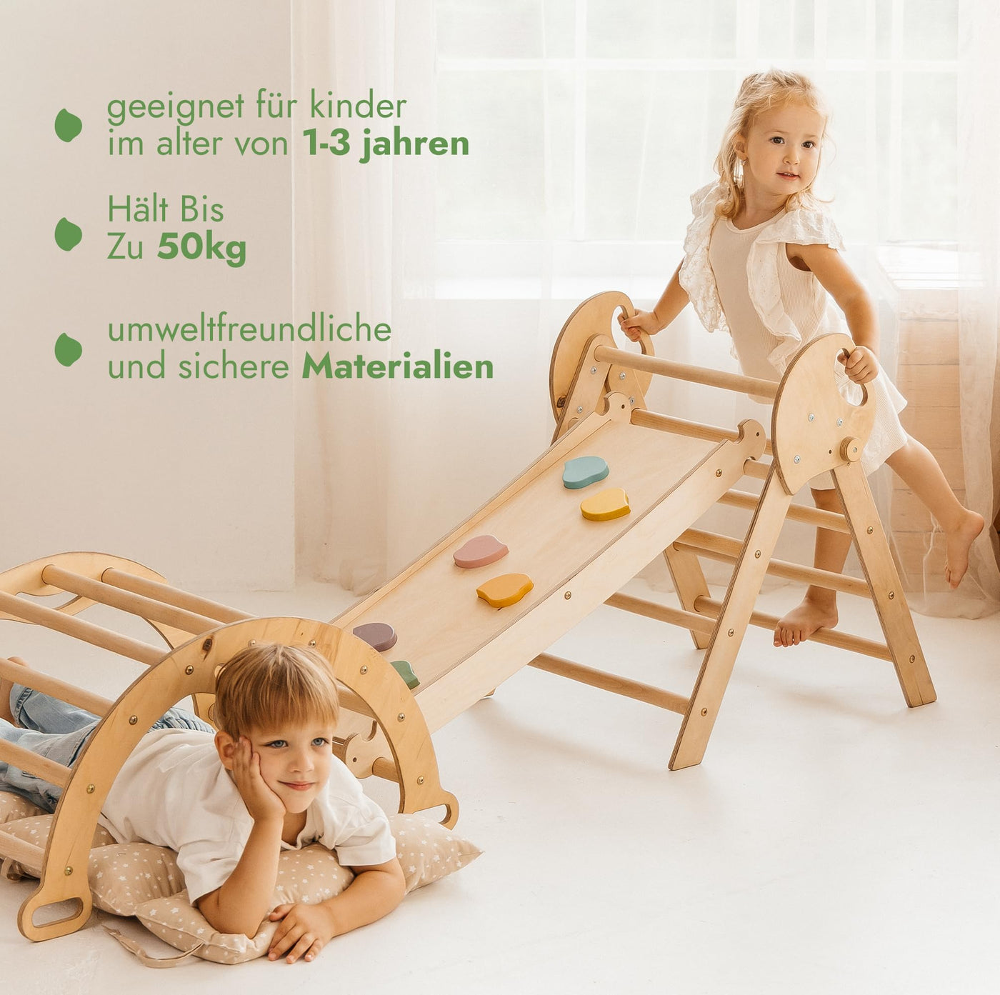 Goodevas 5-in-1 Montessori Klettergerüst Set: Indoor Kletterdreieck, Kletterbogen mit Kissen, und Rutsche für Kinder, Indoor Spielplatz 1-3 Jahre