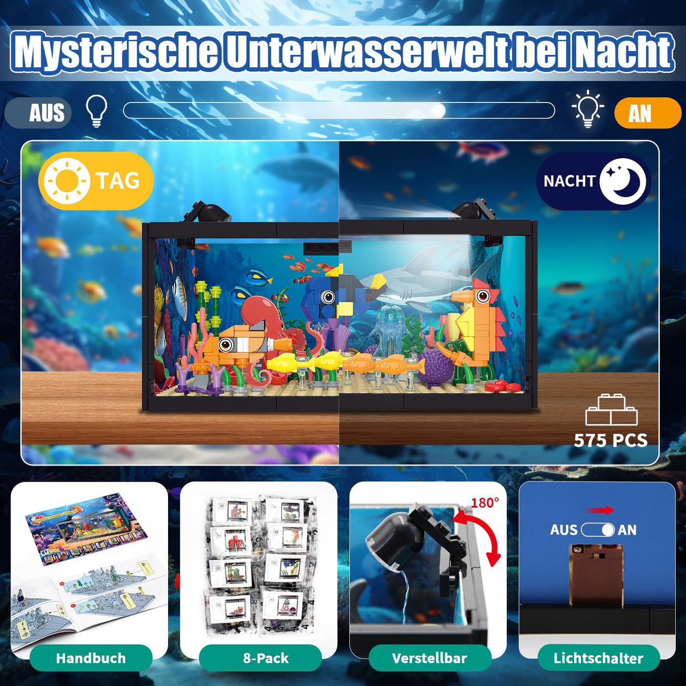 8-in-1 Aquarium Fish Tank Baustein mit LED Licht, einschließlich Meeresquallen, Fischen, Tierbauspielzeug, Geburtstag Weihnachten Geschenk für Erwachsene Kinder Jungen Mädchen ab 6 8 10 12+ Jahren