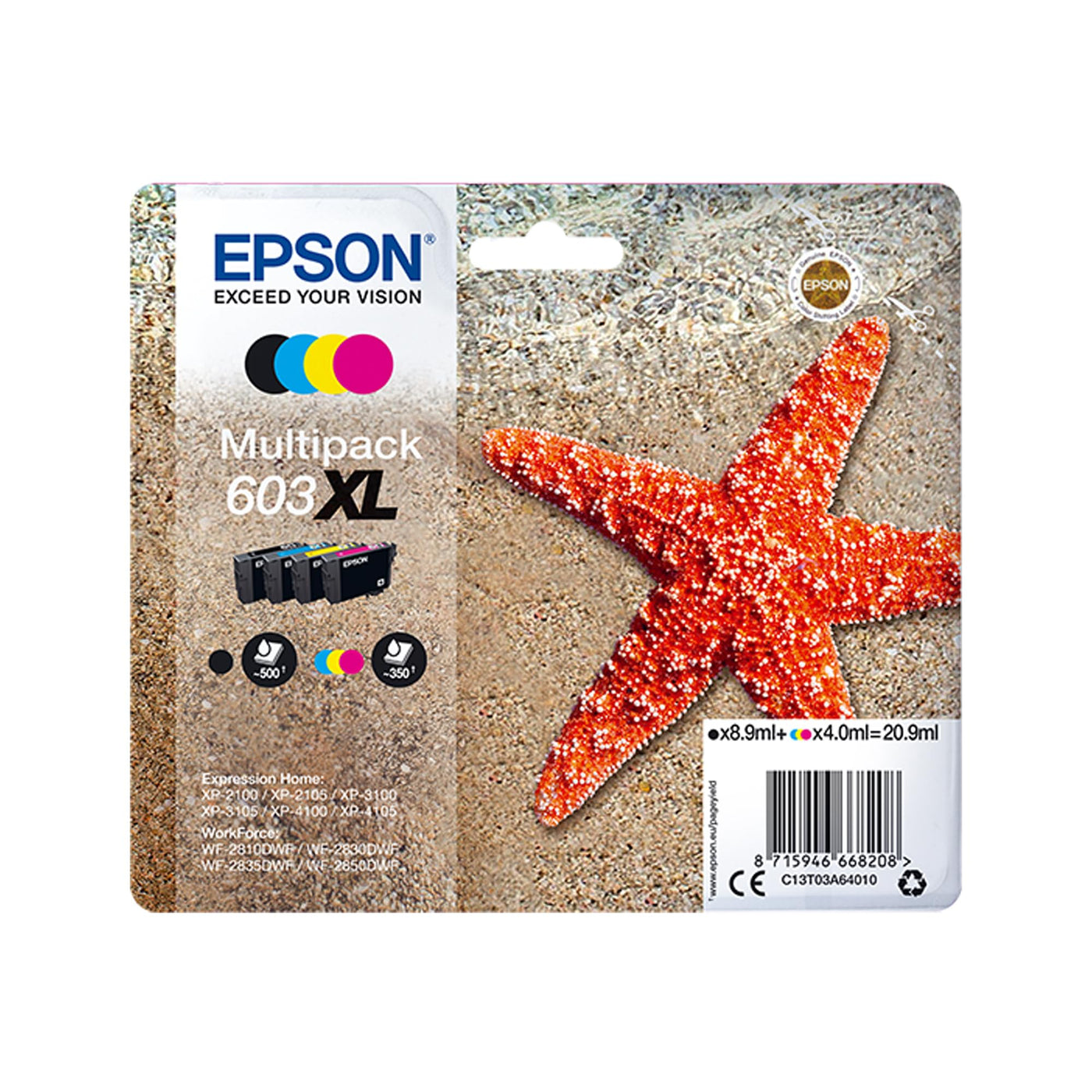 Epson Original 603XL Tinte Seestern Multipack 4-farbig XL, WF-2820DWF WF-2830DWF WF-2840DWF WF-2850DWF XP-2100 XP-2150 XP-3100 XP-3150 XP-4100 XP-4150, ReadyPrint Flex-Tintentarife