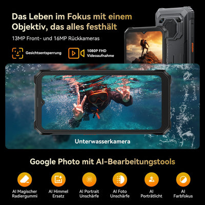Blackview BV6200 Plus Outdoor Handy 11000mAh 24GB+256GB/2TB, Android 14 Outdoor Smartphone Ohne Vertrag, 98DB Lautsprecher, 6.56" 90Hz, IP69K Wasserdicht,Baustellenhandy, 16MP+13MP/Dual 4G/OTG/GPS/NFC