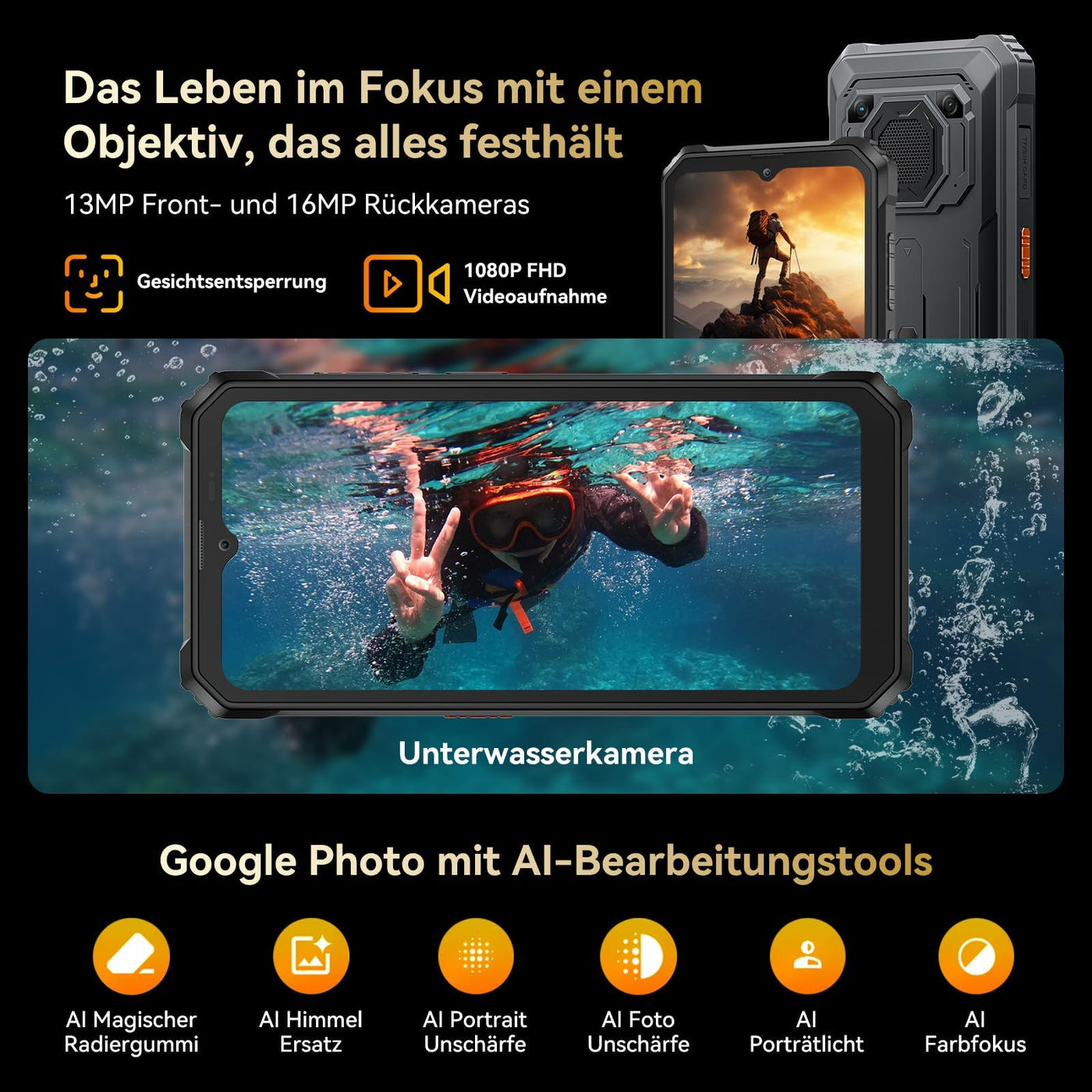 Blackview BV6200 Plus Outdoor Handy 11000mAh 24GB+256GB/2TB, Android 15 Outdoor Smartphone Ohne Vertrag, 98DB Lautsprecher, 6.56" 90Hz, IP69K Wasserdicht,Baustellenhandy, 16MP+13MP/Dual 4G/OTG/GPS/NFC