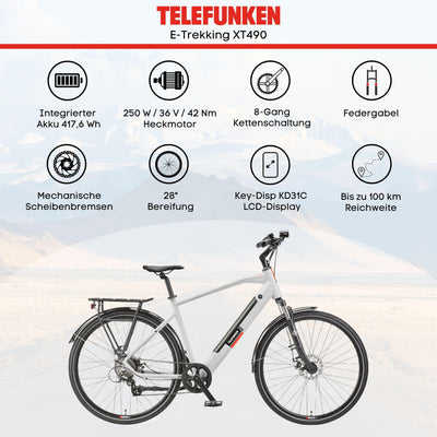 TELEFUNKEN E-Bike 28 Zoll Fahrrad für Herren XT490 | Trekking Pedelec mit 8-Gang Kettenschaltung & Scheibenbremsen | Elektrofahrrad mit 250 W Heckmotor & integriertem 417,6 Wh Li-Ion-Akku | Kreide