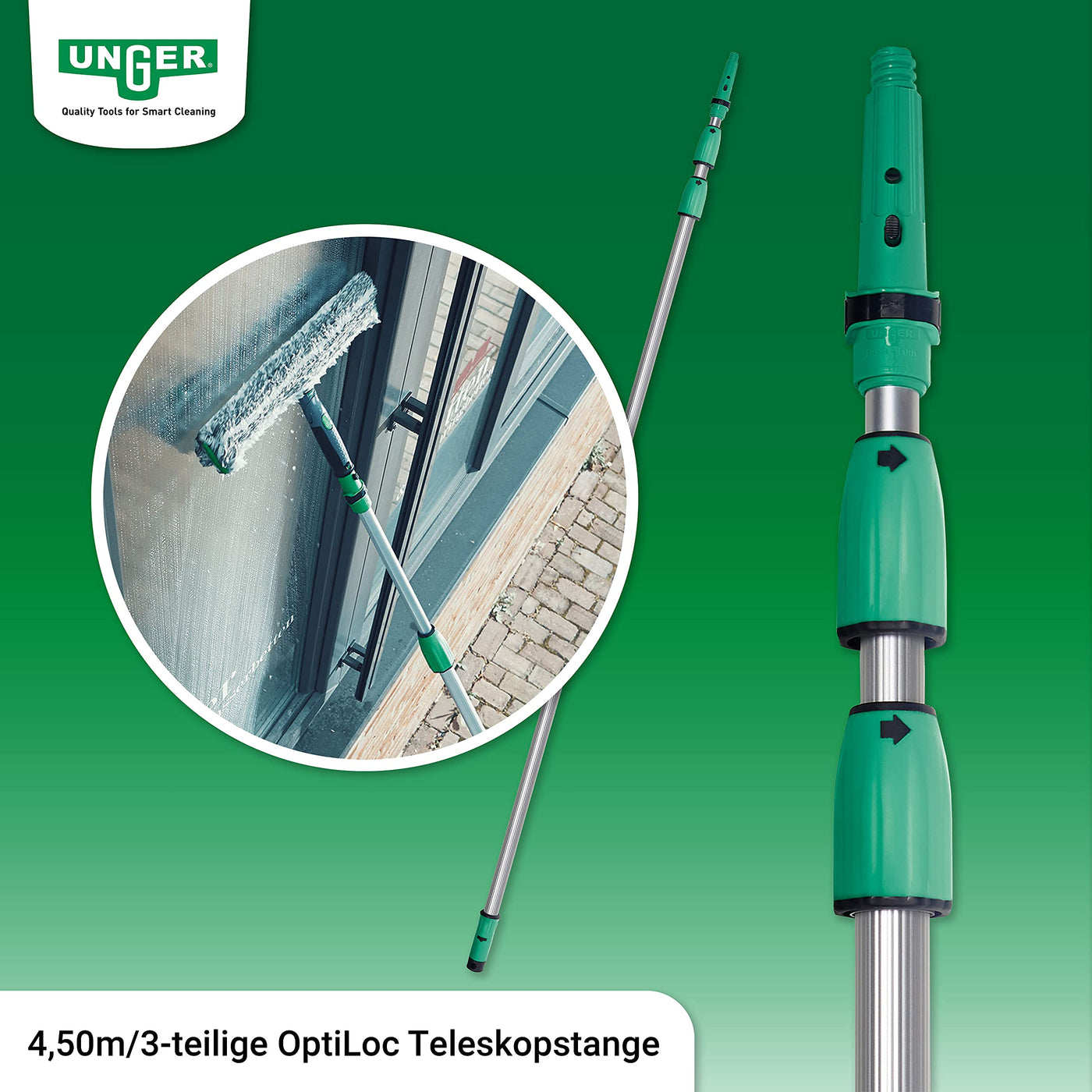 UNGER OptiLoc Teleskopstange 4,50 cm (kompatibel mit UNGER Fensterreinigungswerkzeugen, ergonomischer Griff, Anti-Rutsch-Endkappe, 2-Komponenten Drehverschluss) ED450