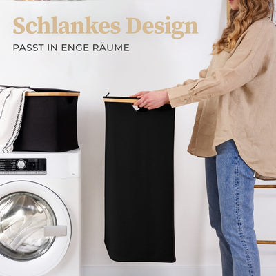 HENNEZ Wäschekorb mit Deckel – Wäschekorb mit Griff aus Bambus – Wäschekorb, faltbar, 100 l – Wäschekorb für Waschküche, Wäschekorb, Schwarz