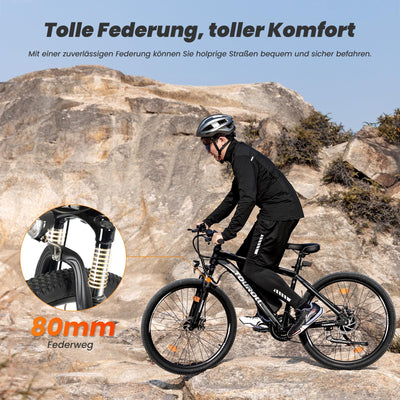 Touroll U1 E-Bikes, 26/29 Zoll E Bike Herren Damen mit Abnehmbarer 36V 13Ah Akku, 250W Motor MTB, E-Mountainbike mit 21 Gang, Elektrofahrrad Reichweite über 65KM, CST Off-Road-Reifen