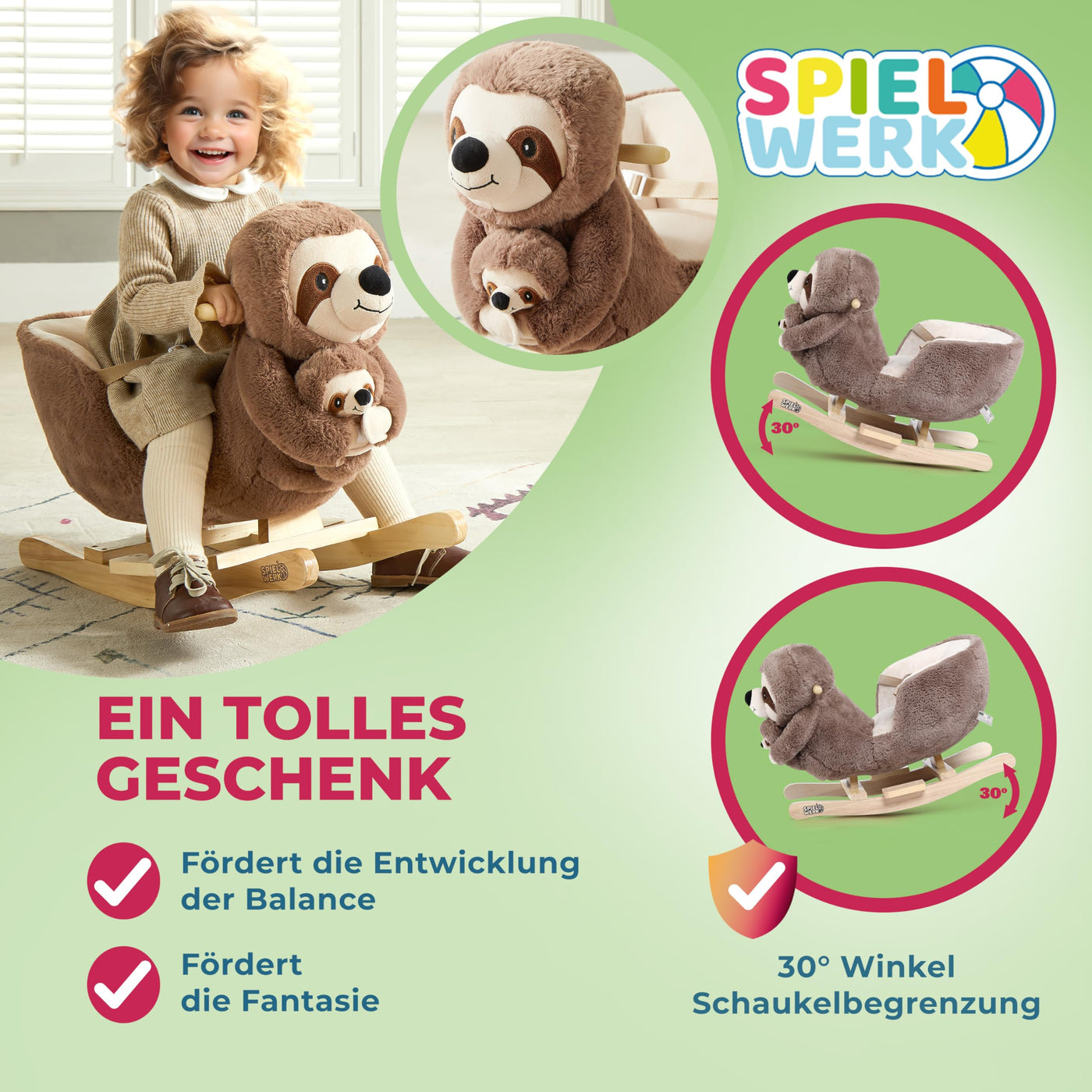 Spielwerk® Schaukeltier Faultier mit Babyfaultier inkl. Sound Effekt Sicherheitsgurt Plüsch Schaukel Wippe Kinder Baby Spielzeug Balancetraining besonders weich Schaukelpferd