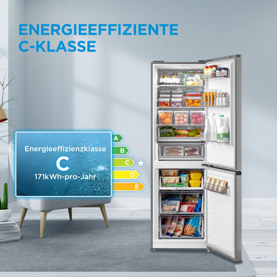 Midea MERB345MGC02 Kühl-/Gefrierkombination/No Frost/185 cm hoch / 59,5 cm breit /70 cm tiefe/171 kWh/Jahr/216 L Kühlteil/ 122 L Gefrierteil/Twin Control/mit Chiller Box, Front Inox