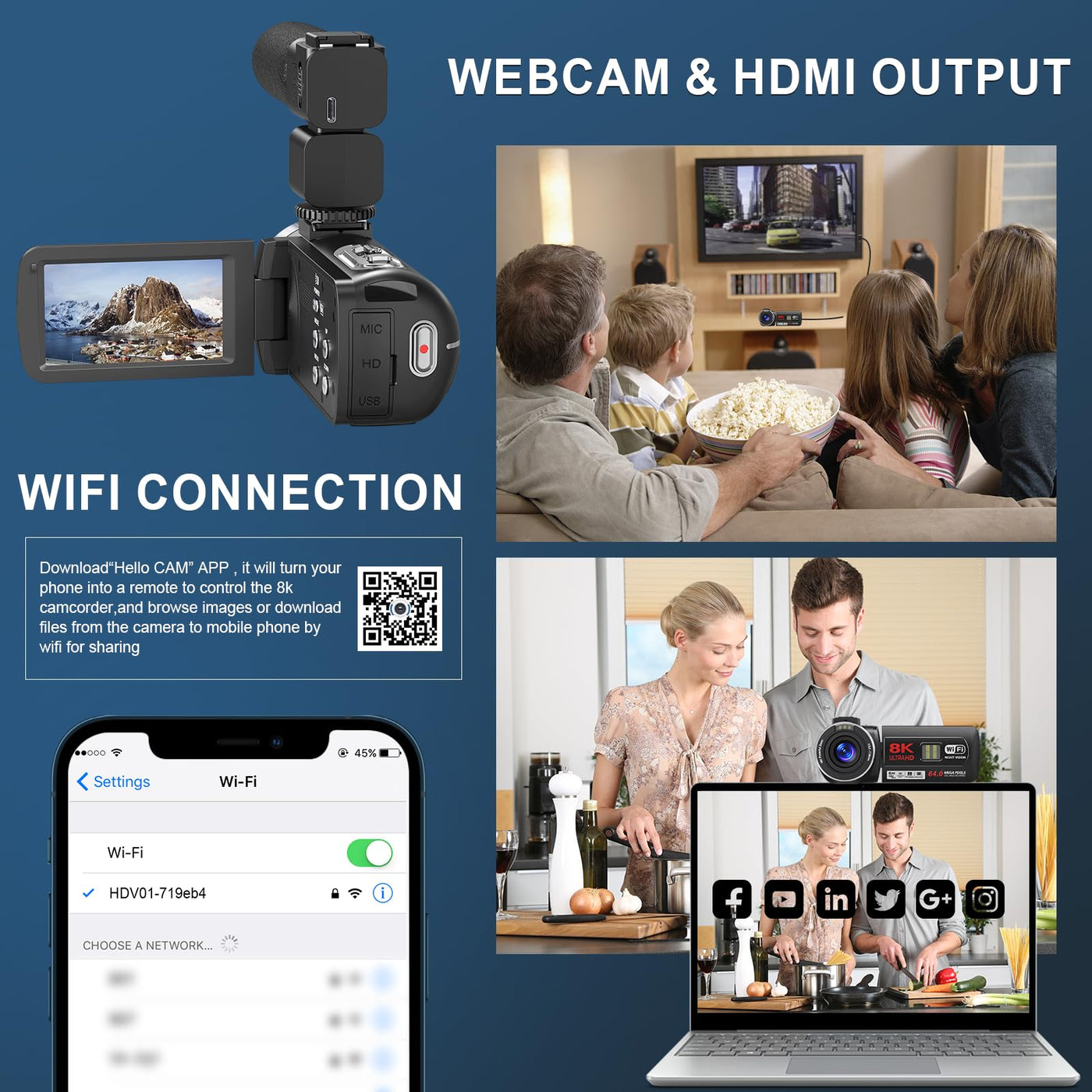 Delmodes 8K 64MP Videokamera Camcorder 18X Digitalzoom IR Nachtsicht Vlogging Kamera, 3,0 Zoll UHD Touchscreen WiFi Videokamera für YouTube mit SD-Karte, 2,4G Fernbedienung und 2 Batterien