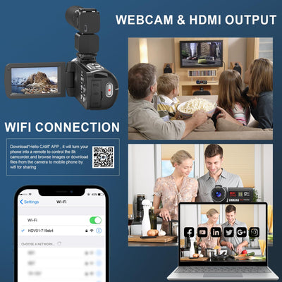 Delmodes 8K 64MP Videokamera Camcorder 18X Digitalzoom IR Nachtsicht Vlogging Kamera, 3,0 Zoll UHD Touchscreen WiFi Videokamera für YouTube mit SD-Karte, 2,4G Fernbedienung und 2 Batterien