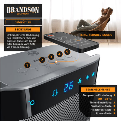 Brandson - Heizlüfter mit Fernbedienung - Preisträger 2025 - energiesparend leise, 2000 Watt Keramik-Heizlüfter Badezimmer - Schnellheizer mit Oszillationsfunktion - Heizung Heater - GS zertifiziert