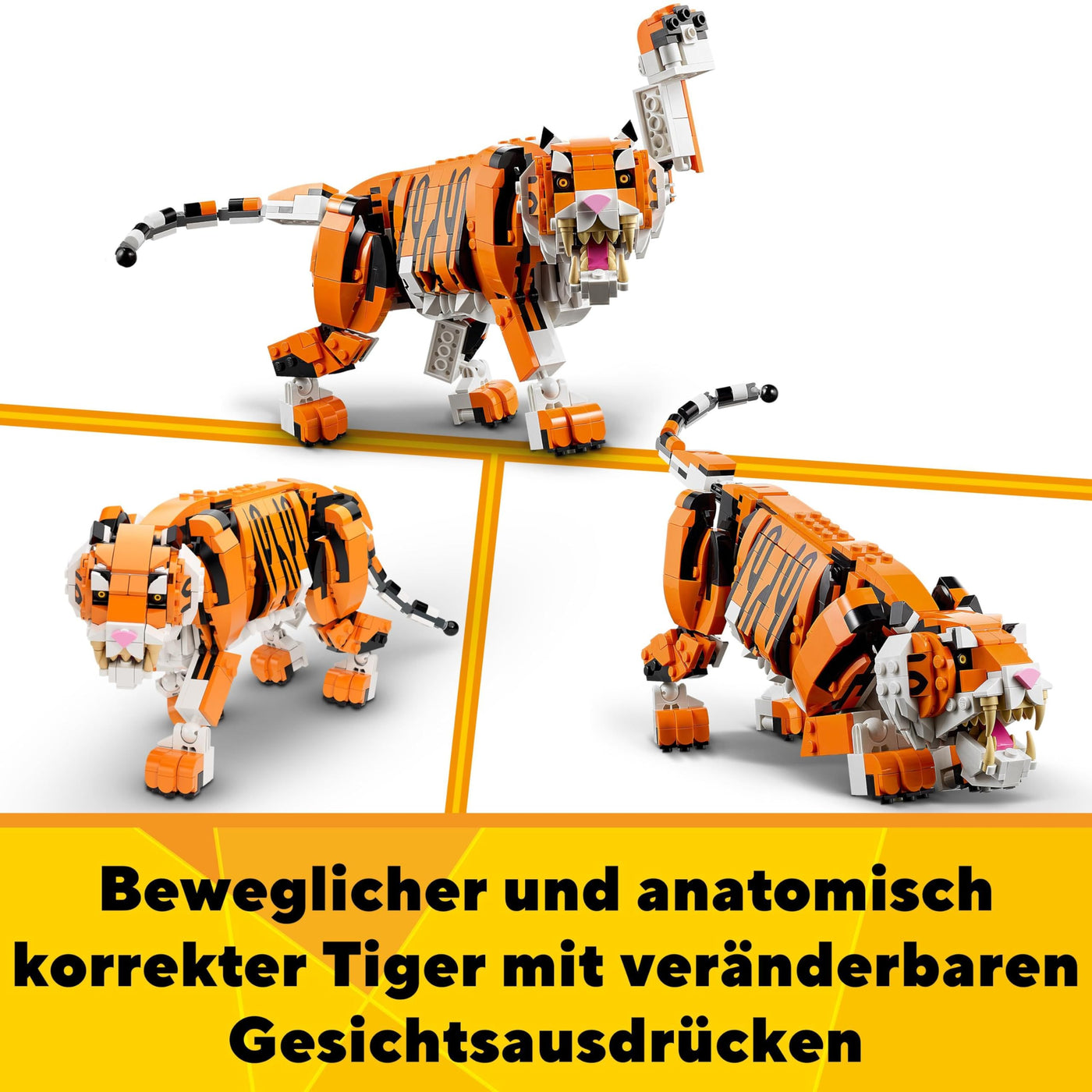 LEGO 31129 Creator Majestätischer Tiger, Panda oder Fisch, 3-in-1 Tierfiguren-Set, Spielzeug für Kinder, Jungen und Mädchen, Konstruktionsspielzeug mit Tieren