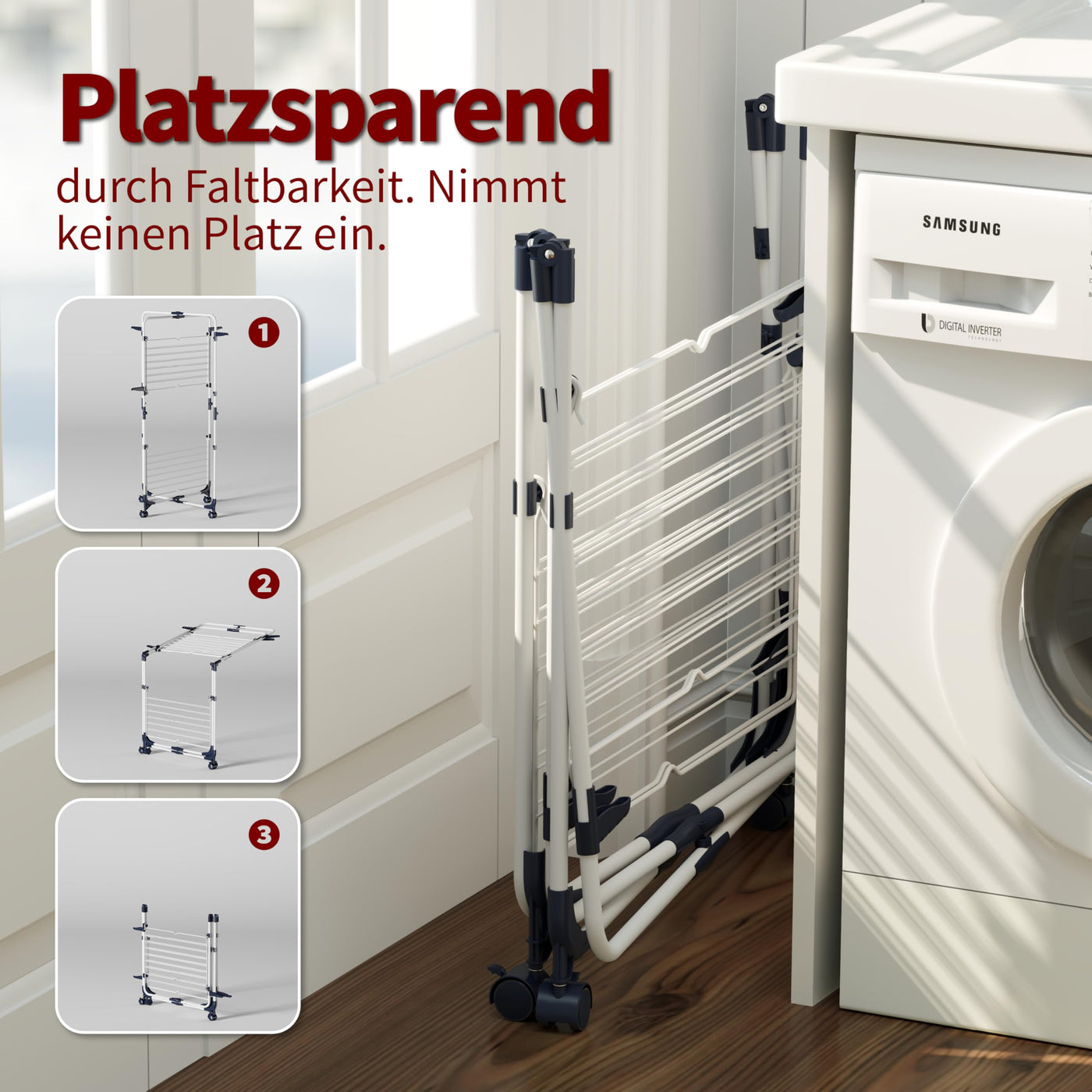 SYKIARIOL Wäscheständer, 3-stufiger zusammenklappbarer Wäscheständer mit Rädern und 4 Haken, für den Innen- und Außenbereich, für Bettwäsche, Kleidung, Socken, Schals Weiß