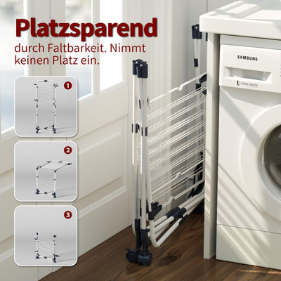 SYKIARIOL Wäscheständer, 3-stufiger zusammenklappbarer Wäscheständer mit Rädern und 4 Haken, für den Innen- und Außenbereich, für Bettwäsche, Kleidung, Socken, Schals Weiß