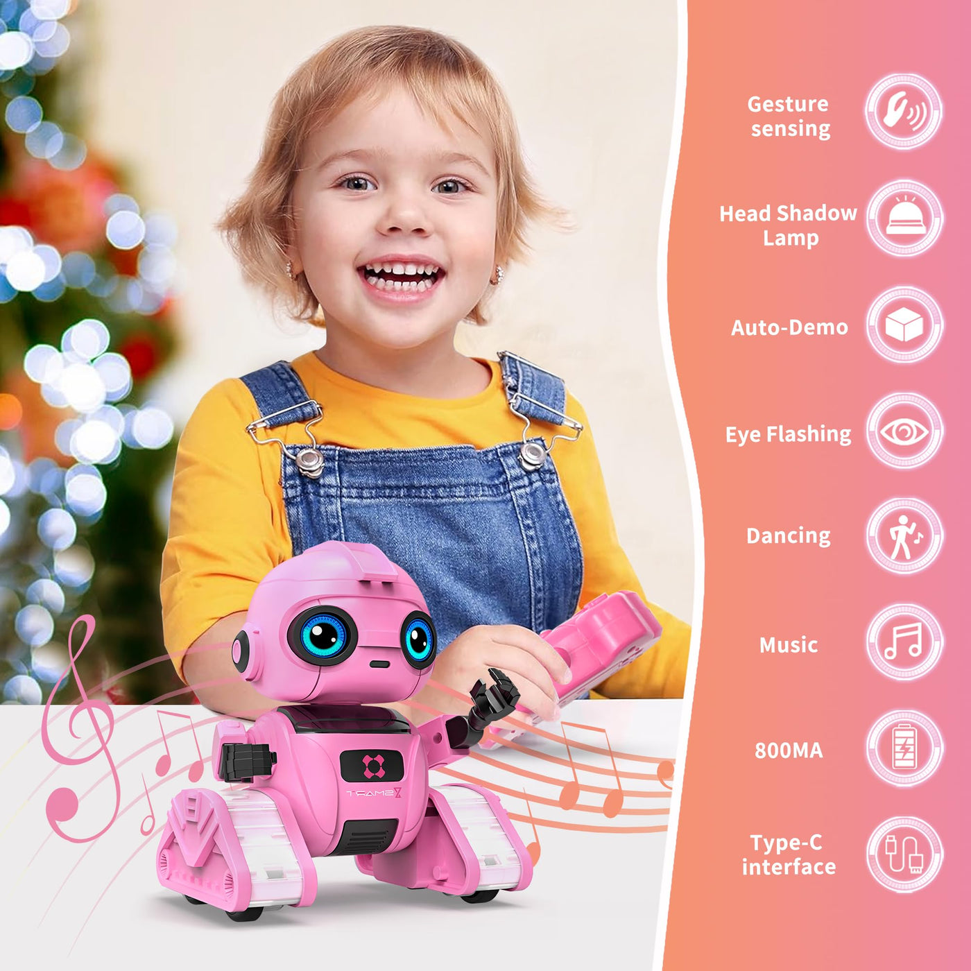 Dzxlin Roboter Spielzeug für Kinder – Wiederaufladbar, LED-Augen und Musik, RC-Roboter mit Gestensensor für ab 3 4 5 6 7 8 9 10 Jahre Jungen Geschenk （Rosa）