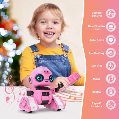 Dzxlin Roboter Spielzeug für Kinder – Wiederaufladbar, LED-Augen und Musik, RC-Roboter mit Gestensensor für ab 3 4 5 6 7 8 9 10 Jahre Jungen Geschenk （Rosa）