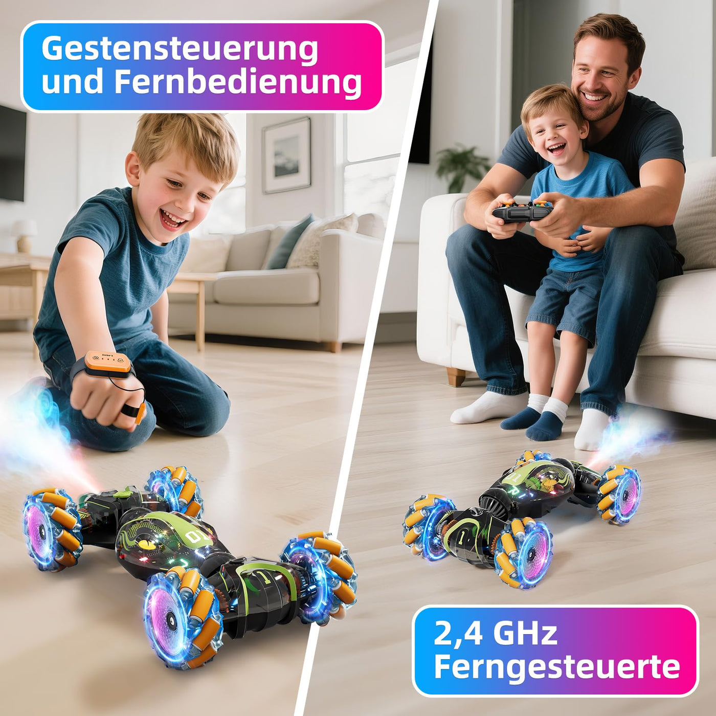 Gigilli Ferngesteuertes Auto mit Gestensteuerung Doppelseitige RC Auto 2,4 GHz 4WD 360° Wiederaufladbar Crawler Lichtern Musik Weihnachten Geschenk Spielzeug für Junge ab 6 7 8 9 10 12 Jahre Orange