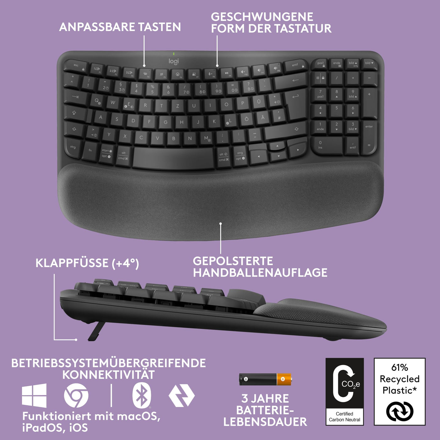 Logitech Wave Keys kabellose ergonomische Tastatur - Grafit, US QWERTY-Layout
