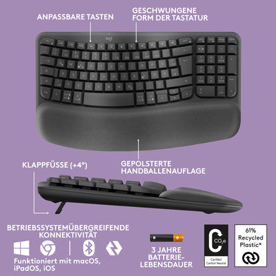 Logitech Wave Keys kabellose ergonomische Tastatur - Grafit, US QWERTY-Layout