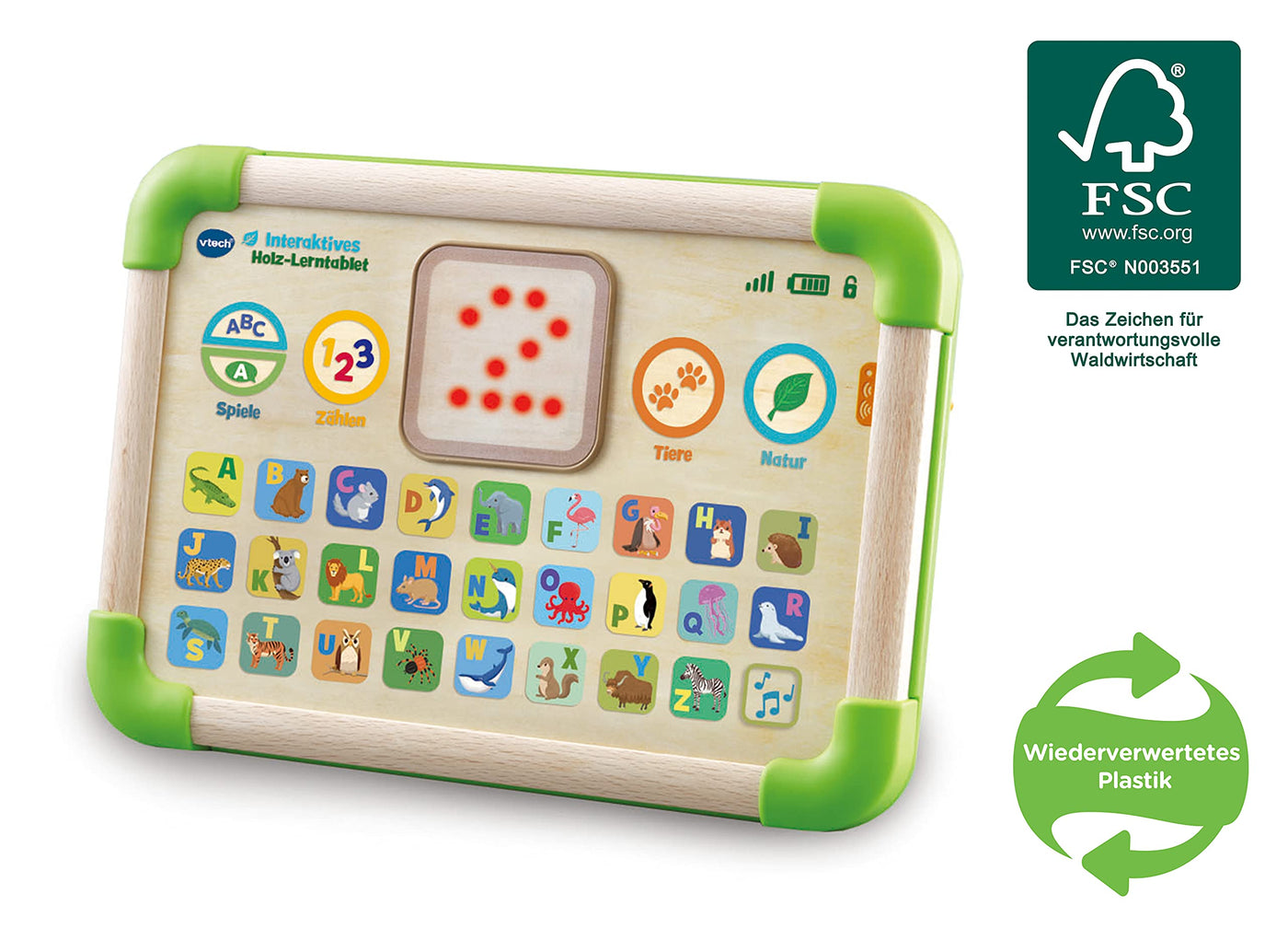 Vtech Baby Interaktives Holz-Lerntablet – Umweltfreundliches Kindertablet aus FSC®-zertifiziertem Holz – Leuchtende Touch-Oberfläche und Verschiedene Spielmodi – Für Kinder von 1-4 Jahren